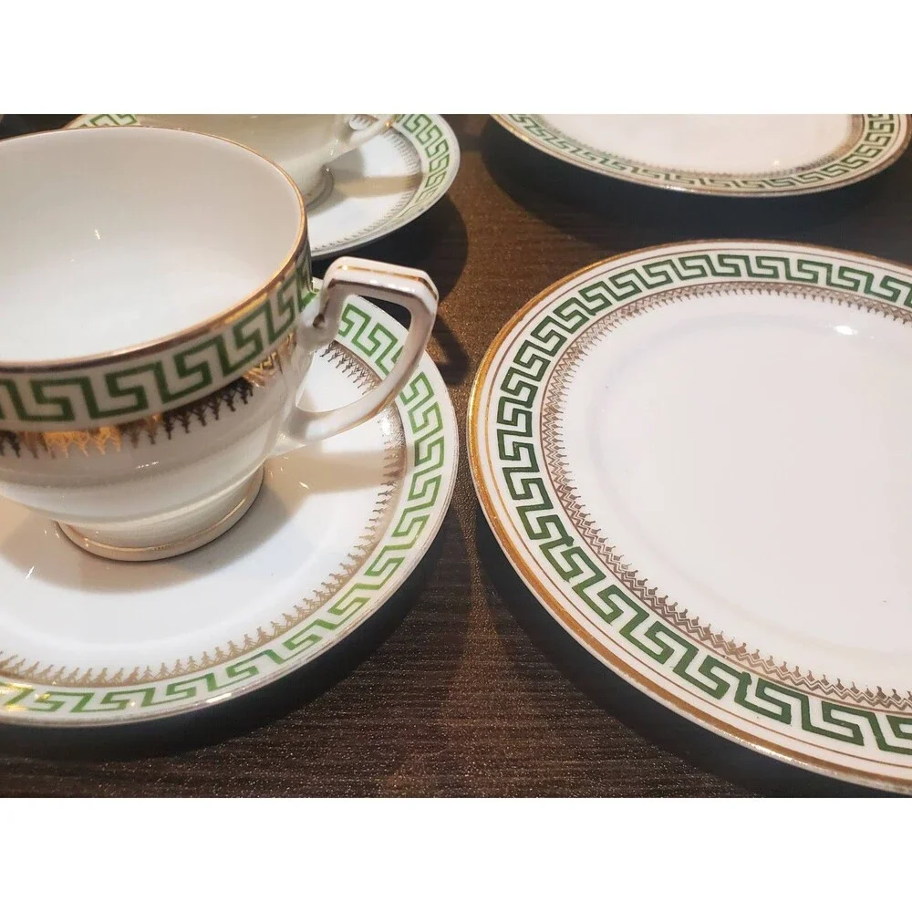 Antique Czech Austria 14 Piece Greek Key Cups Plates Creamer Sugar Porcelain
